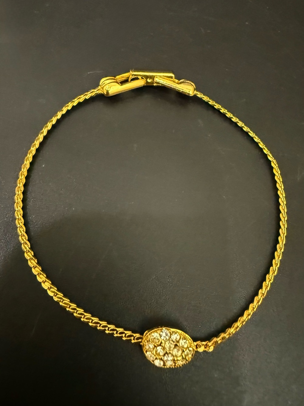 Vintage GOLDETTE Signed Gold-tone Oval Pave Rhinestone Center Chain Bracelet
